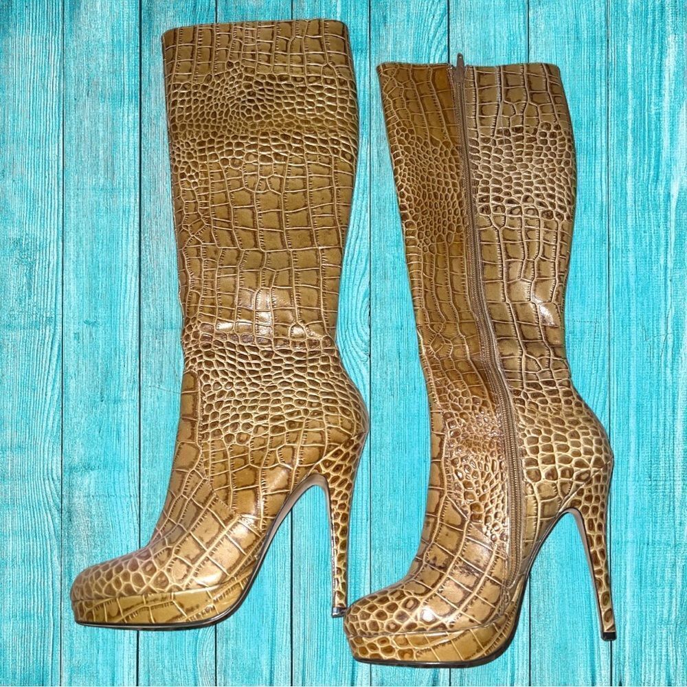 Charles by Charles David tan faux animal print knee high side zip boots - Picture 2 of 7